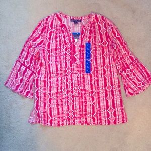 Gorgeous Pink and White NWT, Gloria Vanderbilt Blouse! 3/4 sleeves, Sz-L, V-Neck